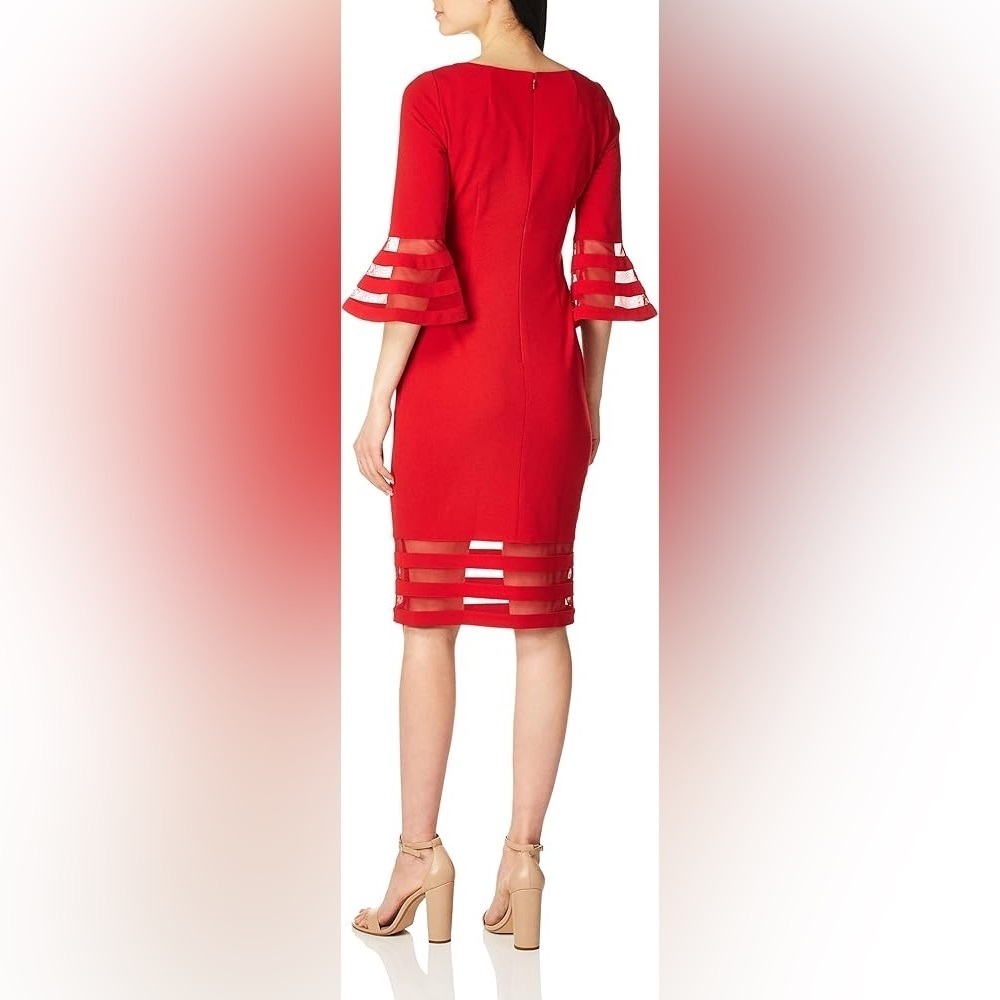 NWT Calvin Klein Mesh Illusion-trim Bell Sleeve Scuba Crepe Sheath Dress Red 18W - Picture 3 of 10